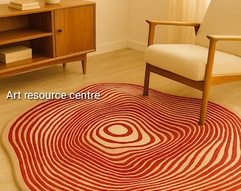 Irregular Red beige textured Modern Abstract 100% wool Area Rug for Living Room Bedroom Contemporary Designer Wool Rug,Gift For Home