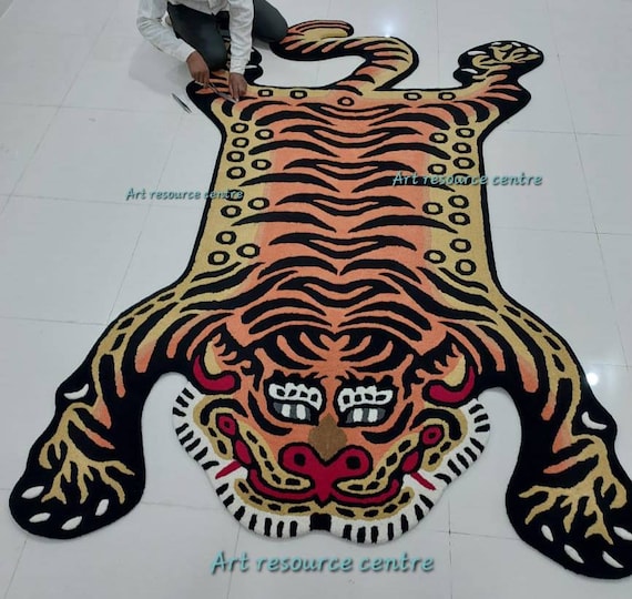 Handmade 5x8 Orange Black Tibetan Tiger Tufted Wool Rug for Living
