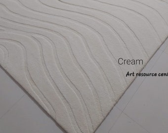Modern Abstract 8x10 cream color Hand tufted Area Rug for Living Room highlow cut pile handtufted,Handmade designer wool rug,Gift for Home