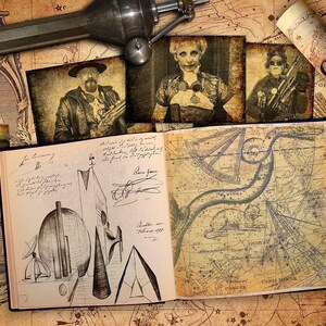 Peut inclure: Une image de style vintage avec une esthétique steampunk. Elle présente une horloge, une arme à feu, un carnet avec des croquis et de vieilles photographies. Le carnet est ouvert sur une page avec une carte dessinée à la main.
