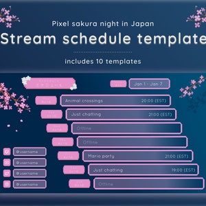 Stream schedule template - Pixel sakura night in Japan |  Twitch Social media Planner Pink Japanese Kawaii Cozy Cherry blossoms Twitter