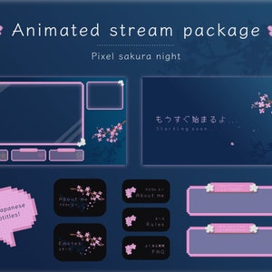 Twitch overlay package - Pixel sakura night in Japan |  Twitch panels animated alerts Pink Japanese Kawaii Sakura Cozy Night Cherry blossoms