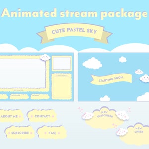 Twitch Overlay Paket - Kawaii pastell himmel | Niedliche Twitch Panels Animierte Warnungen Webcam Stream Overlay Grafiken Intermission Bildschirme