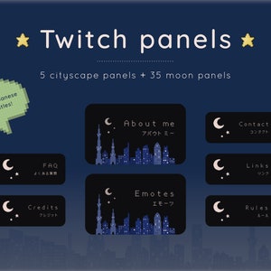 Paneles de Twitch - Pixel noche estrellada en Japón / estrella de la luna twinkle tema kawaii lindo paisaje urbano acogedor japonés