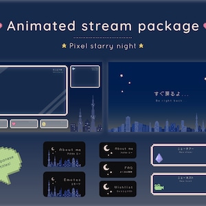 Paquete de superposición de Twitch - Noche estrellada de píxeles en Japón / Paneles de Twitch alertas animadas intermedio Tema japonés Kawaii Moon Cozy Night