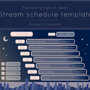 Plantilla de programación de transmisión - Pixel starry night in Japan / Twitch Social media Planner Night Gold Japanese Kawaii Cozy Starry Moon Twitter