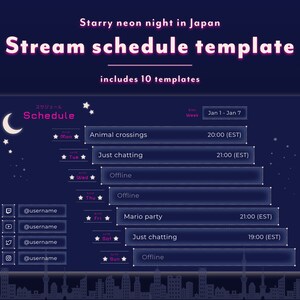 Plantilla de programación de transmisión - Noche de neón estrellada en Japón / Twitch Planificador de redes sociales Neon Pink Japanese Kawaii Cozy Cute City Twitter