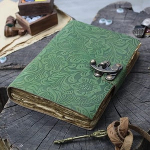 Vintage Leather Journal, Handmade Antique Deckle Edge Paper, Beautiful Garden Flower embossed, Book of Shadows, Sketchbook, Lock journal
