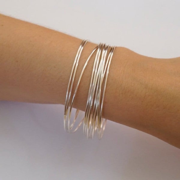 Dainty Thin 1.3 mm Round, Sterling Silver Bangle Set, Set of 7 Bangles, Thin Stacking, Bangles, Silver Bracelet Set, 7 Day Bangles