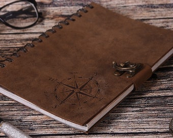 Leather Journal Compass Spiral Book Antique Handmade Leather Bound journal Compass Vintage Leather Women Drawing Sketchbook Gifturnal