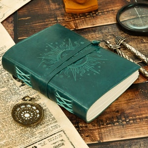 Sun & Moon Leather Journal Grimoire With Handmade Deckle Edge Paper Blank Spell Book of Shadows Leather Sketchbook Drawing Journal for Women