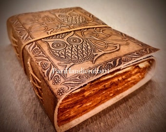 Leather owl emboss journal, 210 pages, Handmade Paper Journal, Leather Notebook, Leather sketchbook (8” x 6”)