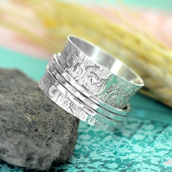 Spinner Ring, Worry Ring, Sterling Silver Ring for Women, Wide band Fidget Ring, Ethnic Handmade Meditation Ring,