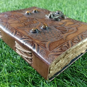 Vintage cultic owl leather journal, writing notebook for women, antique deckle edge paper, book of shadows journal