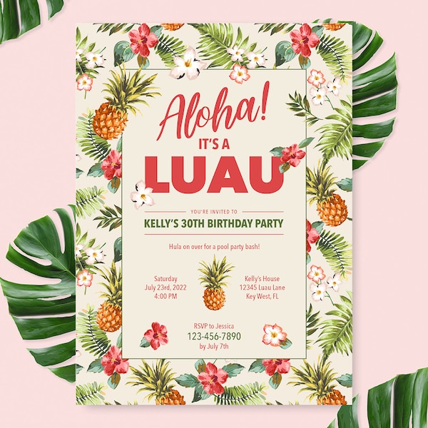 Printable Luau Birthday Party Invitation, Aloha Party, Pineapple Birthday, Hawaiian Party, Tropical Party Invitation