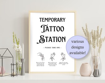 Wedding Temporary Tattoo Sign, Instant Digital Download, Printable at Home, Tattoo Station Sign, Tattoo Bar Sign, Tattoo Application Guide