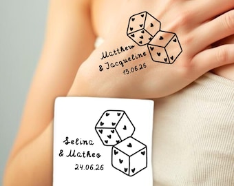 Tatuaje temporal de dados de amor personalizado para boda, línea fina, tatuaje de boda, tatuaje de amor, regalo para pareja, tatuaje para eventos, recuerdo de boda, tatuaje de corazón