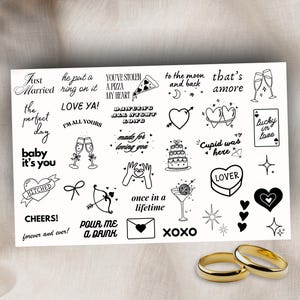 Sheet of 35 Wedding Temporary Tattoos, Wedding Tattoo, Love Tattoo, Handrawn Tattoo, Bachelorette Tattoo, Funny Tattoo, Fine Line Tattoo