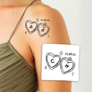Tatuaje temporal de medallón de corazón personalizado, diseño dibujado a mano, línea fina, tatuaje de boda, tatuaje de amor, tatuaje de evento, recuerdo de boda