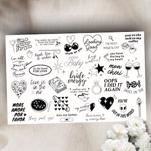 Sheet of 35 Wedding Temporary Tattoos, Wedding Tattoo, Love Tattoo, Handrawn Tattoo, Bachelorette Tattoo, Funny Tattoo, Fine Line Tattoo