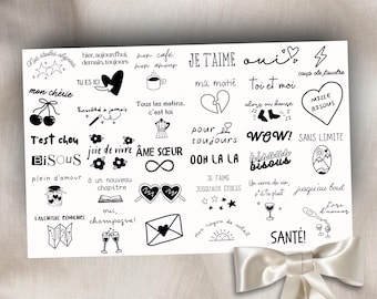 Tatouages Temporaires Mariage, Sheet of 35 French Wedding Temporary Tattoos, Tatouages Temporaires Français, Fine Ligne, Célébration, Funny