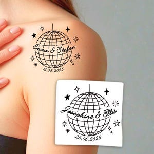 May include: Black temporary tattoos with a disco ball design, the names "Emma & Stefan" and "Josephine & Ellis", and dates. The tattoos are decorated with star and geometric shapes.