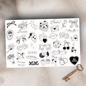 Sheet of 35 Wedding Temporary Tattoos, Modern Wedding Tattoo, Heart Tattoo, Handrawn Coquette Tattoo, Bachelorette Tattoo, Fine Line Tattoo