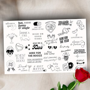 Sheet of 35 Wedding Temporary Tattoos, Wedding Tattoo, Love Tattoo, Handrawn Tattoo, Bachelorette Tattoo, Funny Tattoo, Fine Line Tattoo