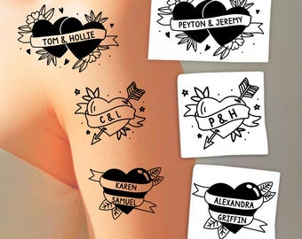 Tatuaje temporal de corazón retro de línea fina personalizado, tatuaje de boda, regalo de San Valentín, tatuaje para eventos, regalos de boda