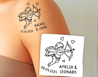 Tatuaje temporal de Cupido para boda personalizado, línea fina, tatuaje de boda, tatuaje de amor, regalo para pareja, tatuaje para eventos, recuerdo de boda, tatuaje de corazón
