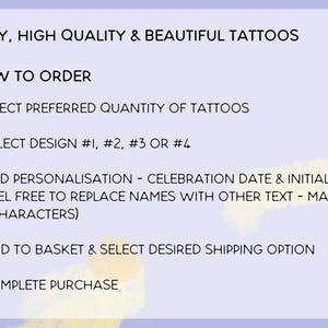 May include: How to order temporary tattoos. Select the quantity, design, add personalization, and complete your purchase.