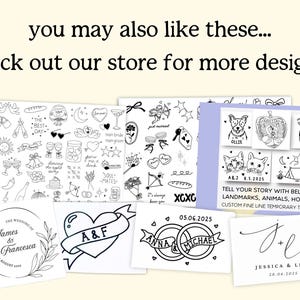 May include: A collection of black and white line art temporary tattoos featuring various designs, including hearts, flowers, animals, and text. The tattoos are arranged in a grid on a white background. The text on the tattoos includes "The Best Day", "Soul Mates", "Just Married", "Tell Your Story with Beloved Landmarks, Animals, Hobbies", "Custom Fine Line Temporary Tattoo", "Anna & Michael", "Jessica & Levi", and "A&F".
