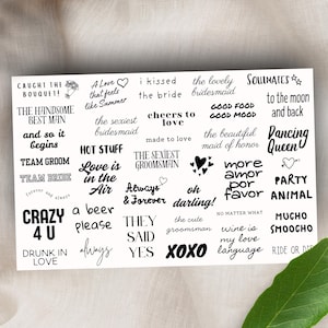 Sheet of 35 Wedding Temporary Tattoos, Wedding Tattoo, Love Tattoo, Handrawn Tattoo, Bachelorette Tattoo, Funny Tattoo, Fine Line Tattoo