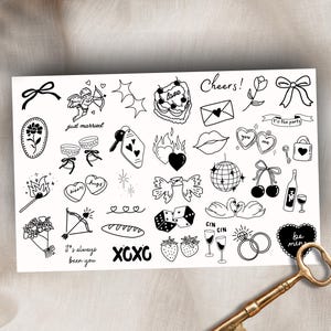 Sheet of 35 Wedding Temporary Tattoos, Modern Wedding Tattoo, Heart Tattoo, Handrawn Coquette Tattoo, Bachelorette Tattoo, Fine Line Tattoo