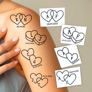 Custom Fine Line Heart Initials Temporary Tattoo Custom, Wedding Tattoo, Love Valentine's Day, Lover Gift, Events Tattoo, Wedding Favours image 1