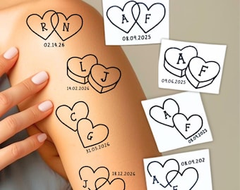 Tatuaje temporal personalizado con iniciales de corazón de línea fina, tatuaje de boda, regalo de San Valentín, tatuaje para eventos, regalos de boda