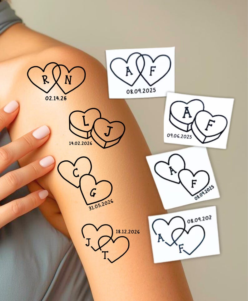 Custom Fine Line Heart Initials Temporary Tattoo Custom, Wedding Tattoo, Love Valentine's Day, Lover Gift, Events Tattoo, Wedding Favours image 1