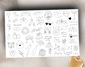 Hoja de 54 tatuajes temporales de boda, tatuaje de novia ruborizada, línea fina, tatuajes hechos a mano, tatuaje de boda, eventos, tatuaje de despedida de soltera, fiesta