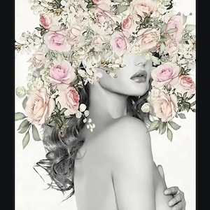 Kwiatowa głowa kobiety cyfrowa sztuka ścienna, róże kobieta wydruk, cyfrowy obraz ścienny wydruk sztuki, biała kwiatowa głowa kobiety wystrój domu