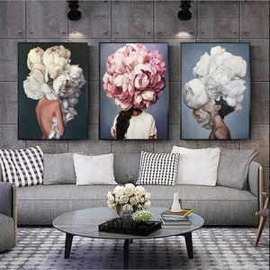 Flower Head Woman Digital Wall Art, Ensemble de 3 roses femme impression, art mural numérique peinture art imprimé, tête de fleur blanche femme décor à la maison