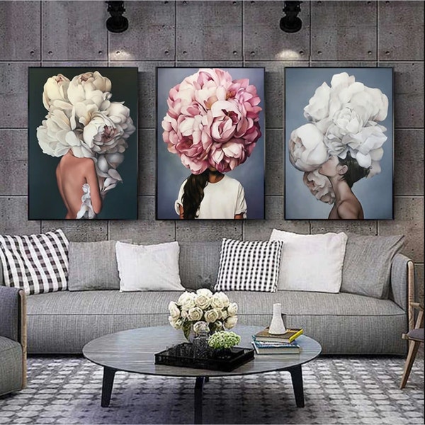 Flower Head Woman Digital Wall Art, Set of 3 roses woman print, digital wall art  painting print art, white flower head woman home decor