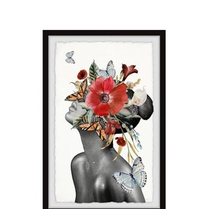 Kwiatowa głowa kobiety cyfrowa sztuka ścienna, róże kobieta wydruk, cyfrowy obraz ścienny wydruk sztuki, biała kwiatowa głowa kobiety wystrój domu