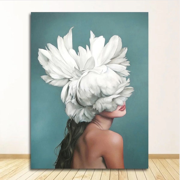 Flower Head Woman Digital Wall Art, roses and woman print, digital wall art woman painting print art, white flower head woman home decor