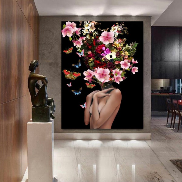 Flower Head Woman Digital Wall Art, roses woman print, digital wall art painting print art, white flower head woman home decor