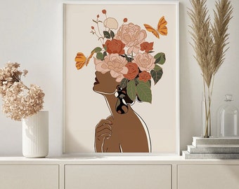 Black Woman Digital Wall Art flower Curly Girl Art, Braids Hair Art, Afro Girl Poster, Curly Hair Girl Art, Female Wall Art, Boho Wall Art