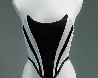 Elegant Handmade Black and White Satin Corset Bustier, Evening Women Outfit