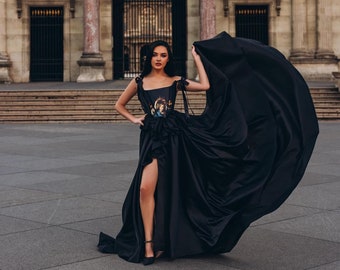 Custom Printed Black Satin Corset Gown, Elegant Evening Dress with Train
