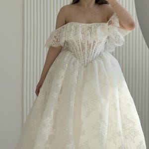 Franch Lace Corset Wedding Dress with Off-Shoulder Sleeves, Romantic Bridal Gown, Custom Tailoring, Gown with Train, Boho Wedding Gown
