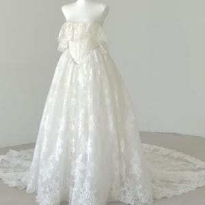 Custom Lace Wedding Dress with Long Train, Vintage Style Corset Bridal Gown with Off-Shoulder Straps, A-Line Wedding Gown, Romantic, Elegant