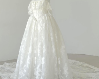 Custom Lace Wedding Dress with Long Train, Vintage Style Corset Bridal Gown with Off-Shoulder Straps, A-Line Wedding Gown, Romantic, Elegant
